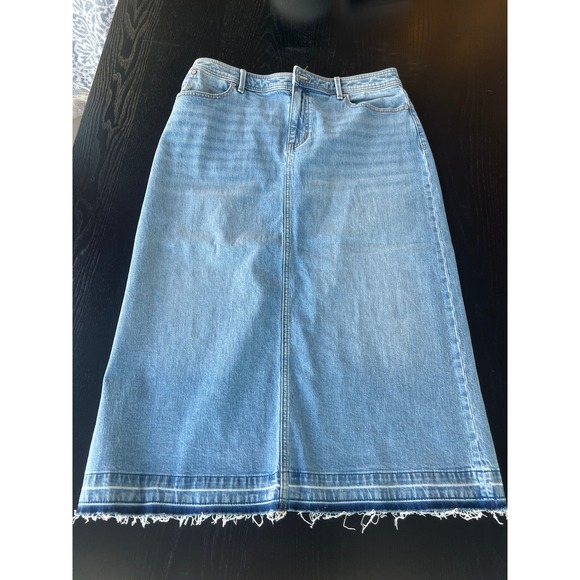 Talbots Dresses & Skirts - Talbots Denim Midi Skirt Light Wash Raw Hem Fringed Back Vent Womens Size 12